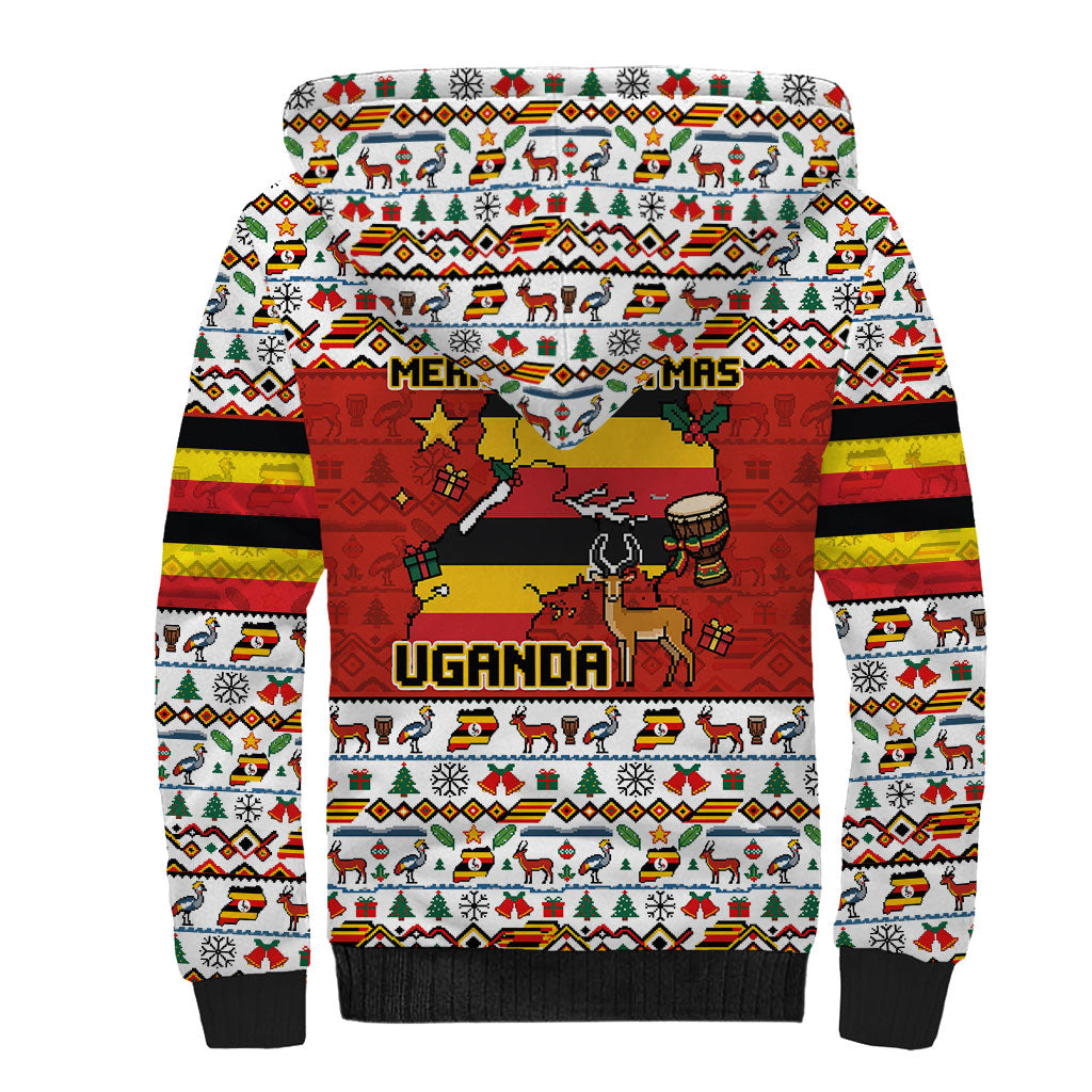 Uganda Christmas Crested Crane Sherpa Hoodie Ugandan Kob - Map Flag - Ssekukkulu Ennungi - Ugly Pixel Art