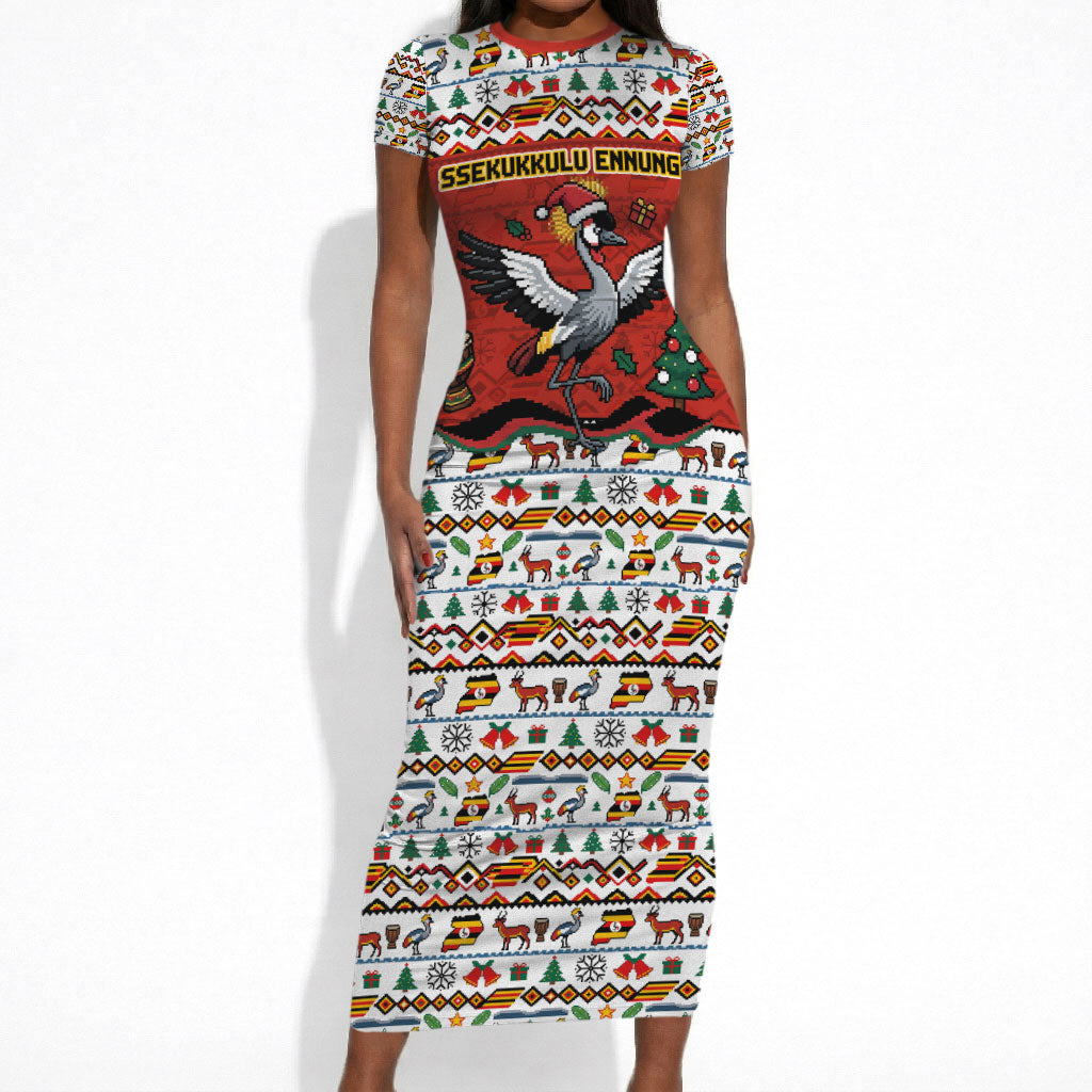 Uganda Christmas Crested Crane Short Sleeve Bodycon Dress Ugandan Kob - Map Flag - Ssekukkulu Ennungi - Ugly Pixel Art