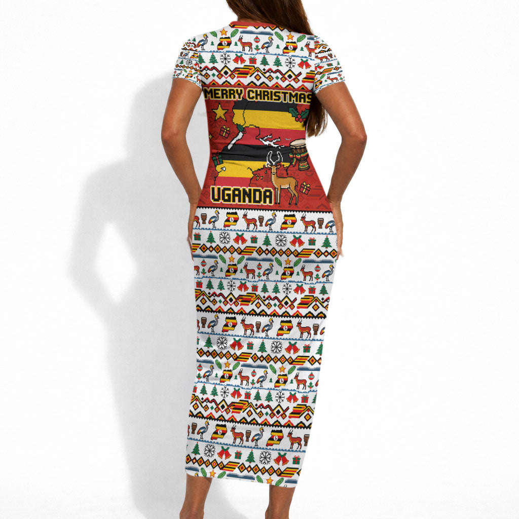 Uganda Christmas Crested Crane Short Sleeve Bodycon Dress Ugandan Kob - Map Flag - Ssekukkulu Ennungi - Ugly Pixel Art