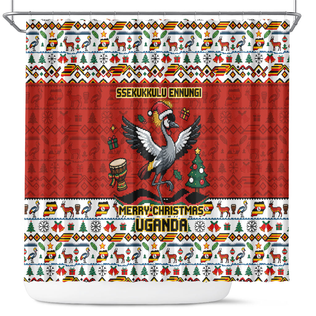 Uganda Christmas Crested Crane Shower Curtain Ugandan Kob - Map Flag - Ssekukkulu Ennungi - Ugly Pixel Art