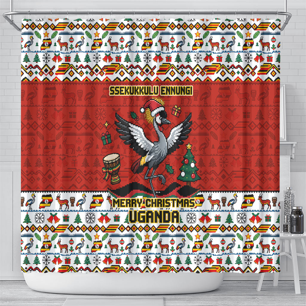 Uganda Christmas Crested Crane Shower Curtain Ugandan Kob - Map Flag - Ssekukkulu Ennungi - Ugly Pixel Art