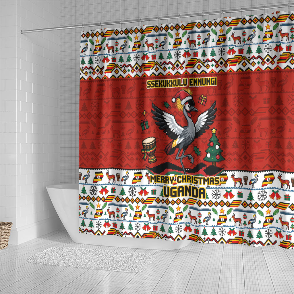 Uganda Christmas Crested Crane Shower Curtain Ugandan Kob - Map Flag - Ssekukkulu Ennungi - Ugly Pixel Art