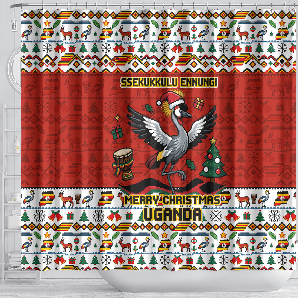 Uganda Christmas Crested Crane Shower Curtain Ugandan Kob - Map Flag - Ssekukkulu Ennungi - Ugly Pixel Art