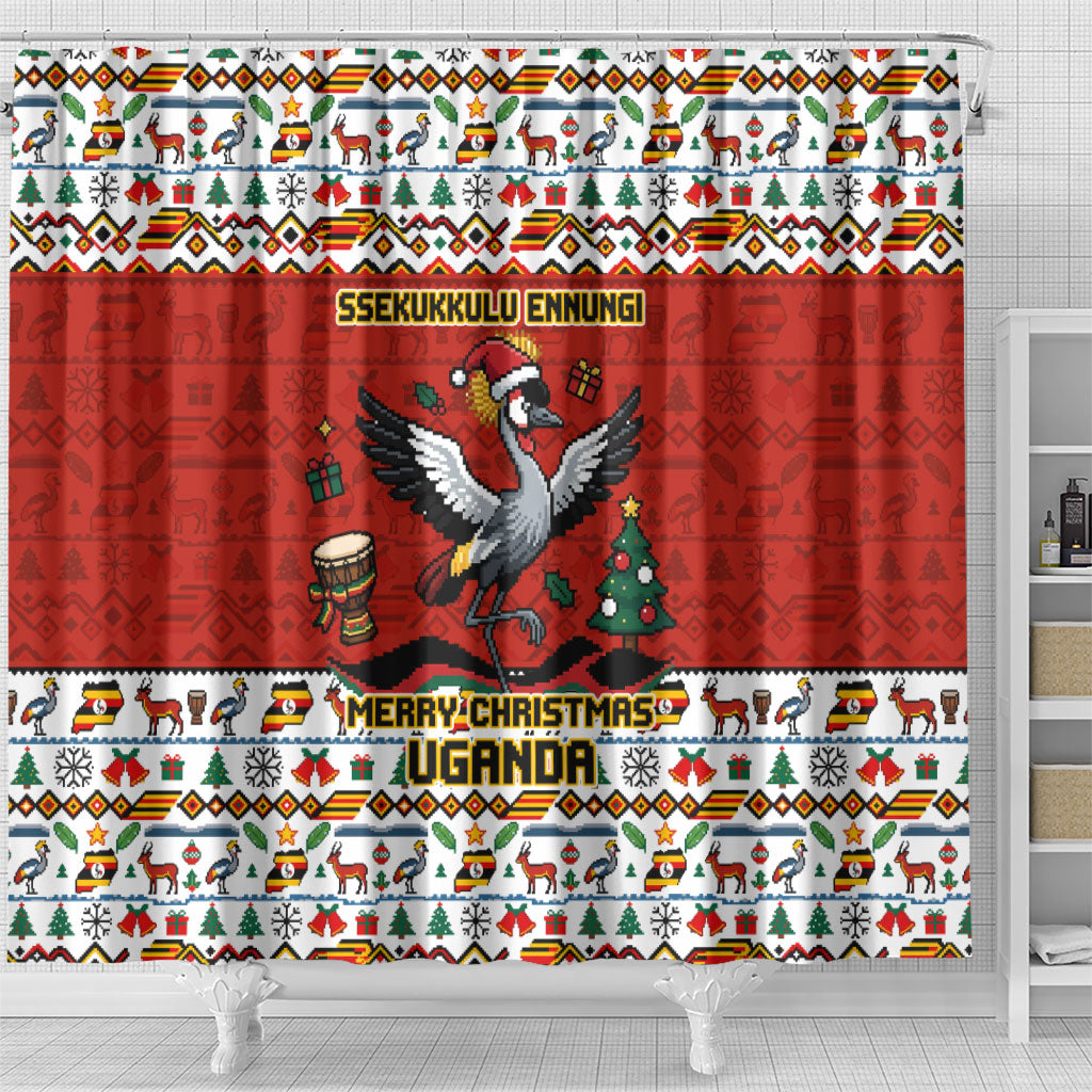 Uganda Christmas Crested Crane Shower Curtain Ugandan Kob - Map Flag - Ssekukkulu Ennungi - Ugly Pixel Art