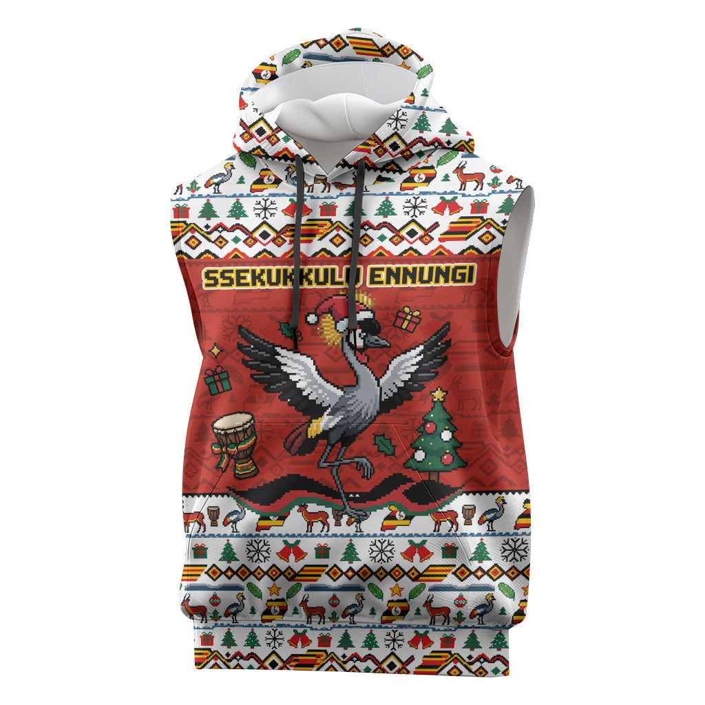 Uganda Christmas Crested Crane Sleeveless Hoodie Ugandan Kob - Map Flag - Ssekukkulu Ennungi - Ugly Pixel Art