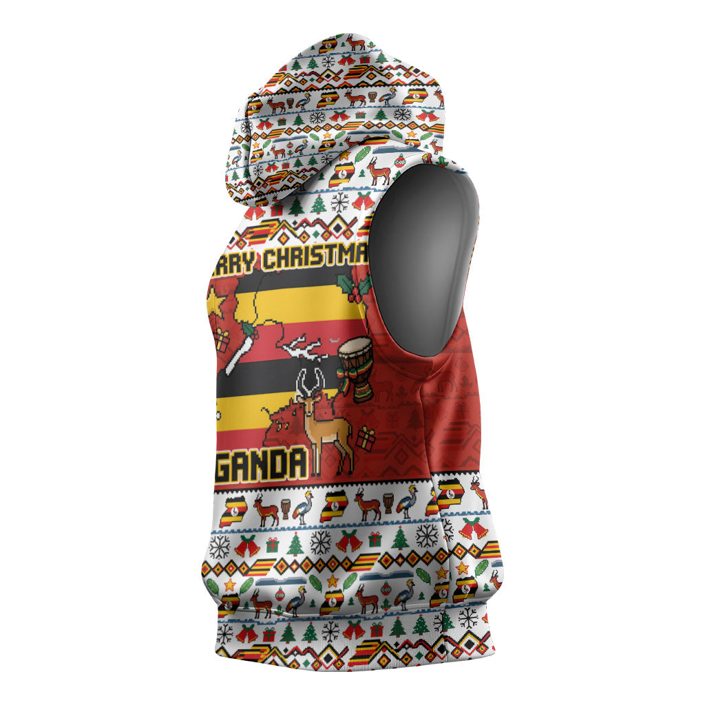 Uganda Christmas Crested Crane Sleeveless Hoodie Ugandan Kob - Map Flag - Ssekukkulu Ennungi - Ugly Pixel Art