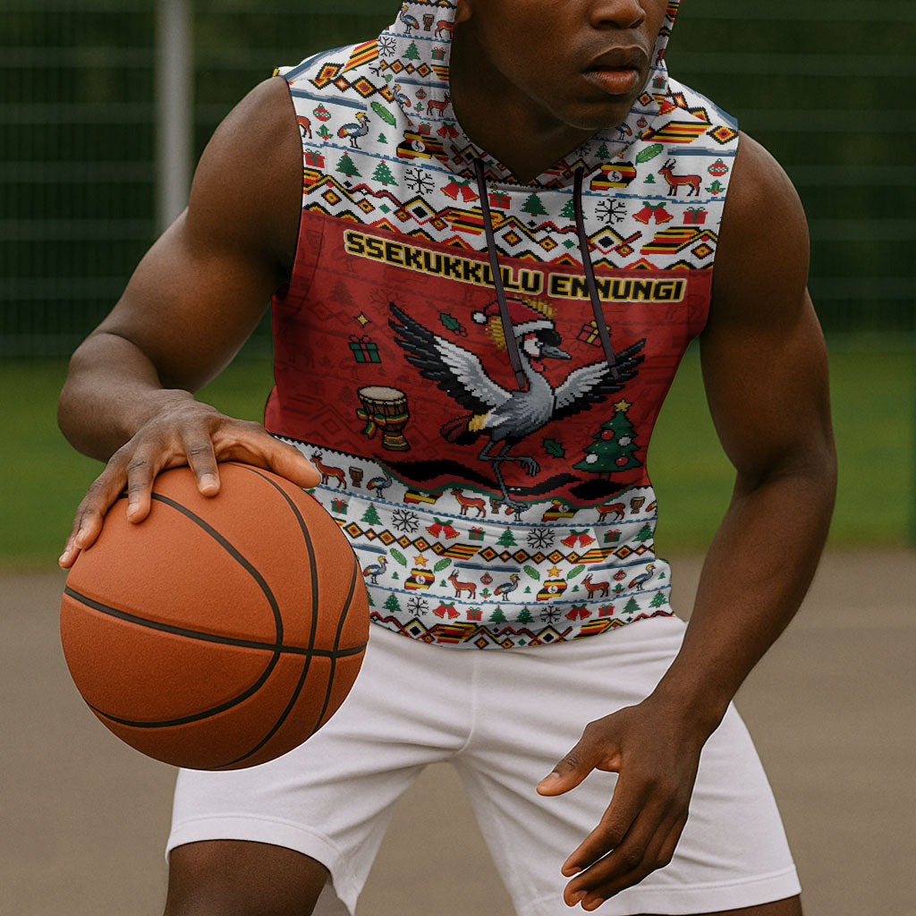 Uganda Christmas Crested Crane Sleeveless Hoodie Ugandan Kob - Map Flag - Ssekukkulu Ennungi - Ugly Pixel Art