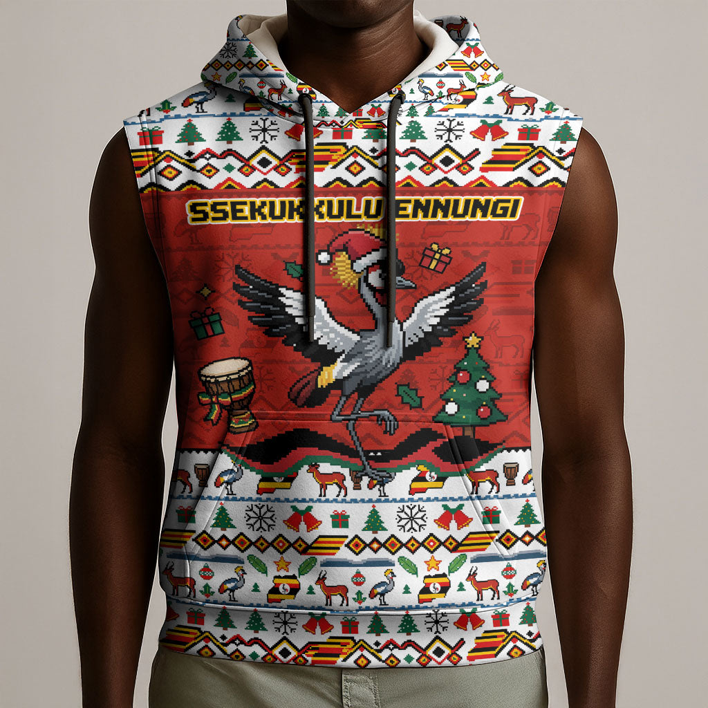 Uganda Christmas Crested Crane Sleeveless Hoodie Ugandan Kob - Map Flag - Ssekukkulu Ennungi - Ugly Pixel Art