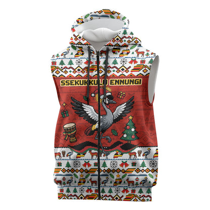 Uganda Christmas Crested Crane Sleeveless Zip Hoodie Ugandan Kob - Map Flag - Ssekukkulu Ennungi - Ugly Pixel Art