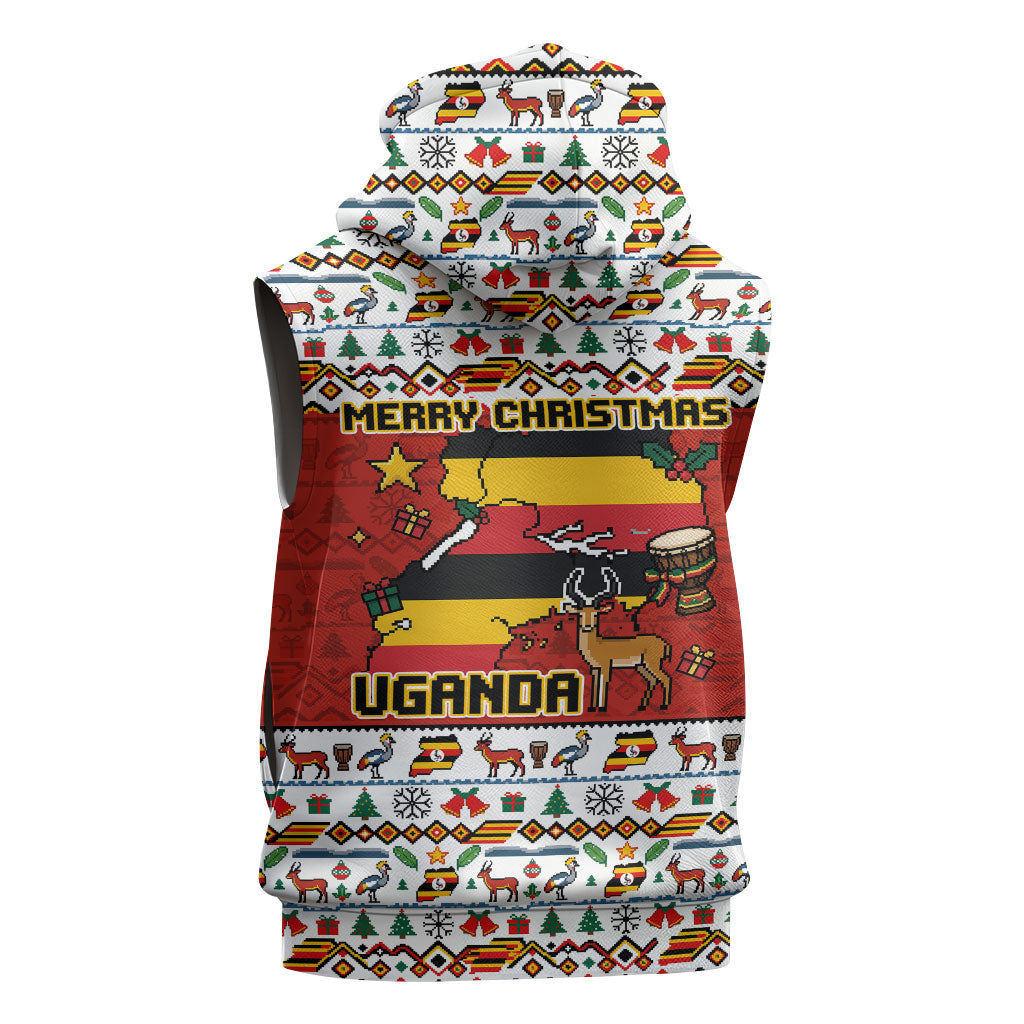 Uganda Christmas Crested Crane Sleeveless Zip Hoodie Ugandan Kob - Map Flag - Ssekukkulu Ennungi - Ugly Pixel Art