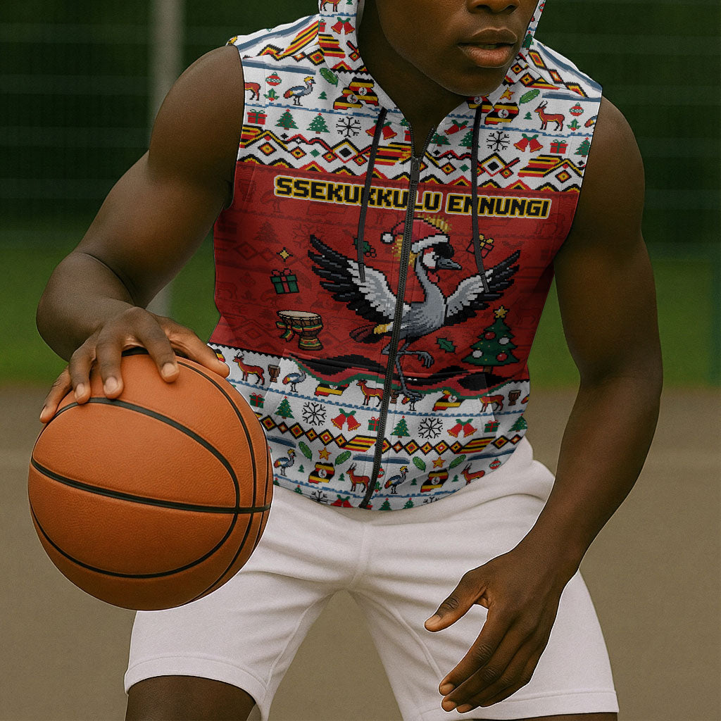 Uganda Christmas Crested Crane Sleeveless Zip Hoodie Ugandan Kob - Map Flag - Ssekukkulu Ennungi - Ugly Pixel Art