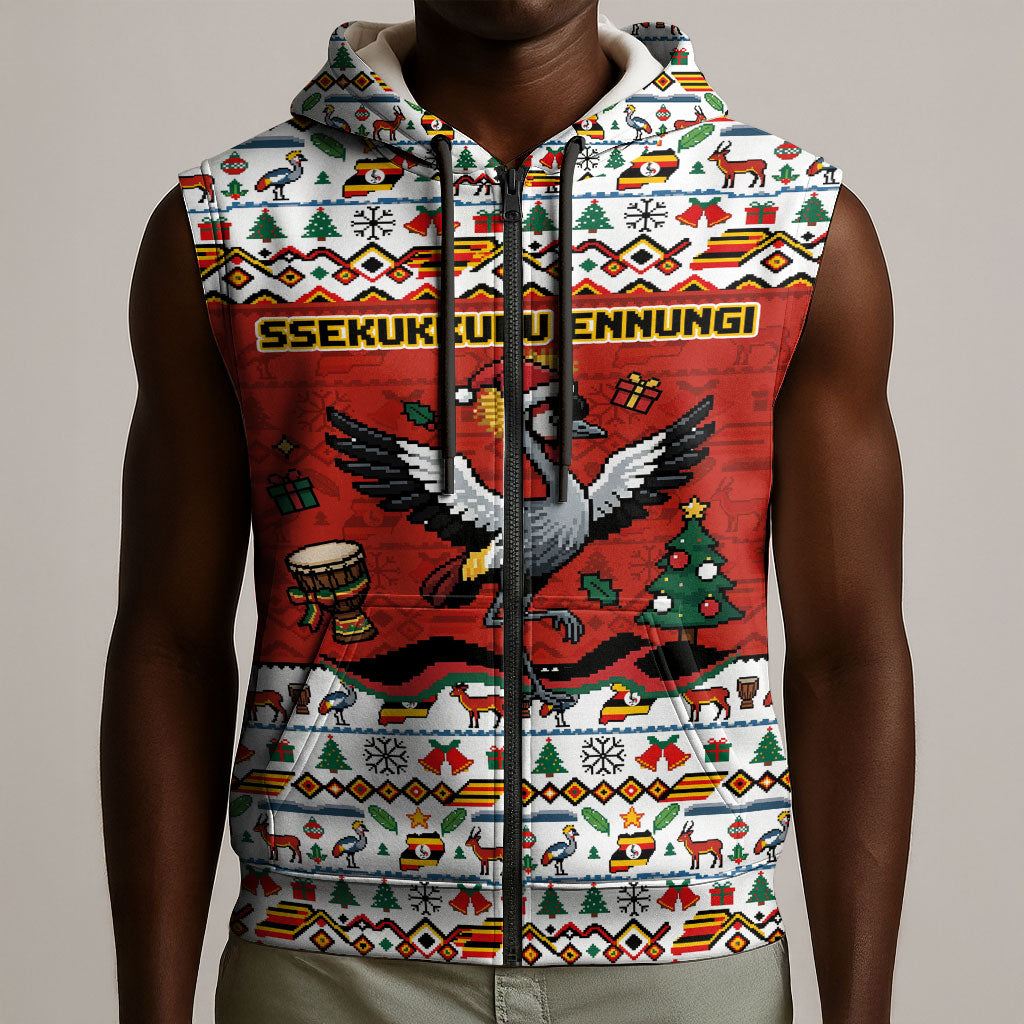 Uganda Christmas Crested Crane Sleeveless Zip Hoodie Ugandan Kob - Map Flag - Ssekukkulu Ennungi - Ugly Pixel Art