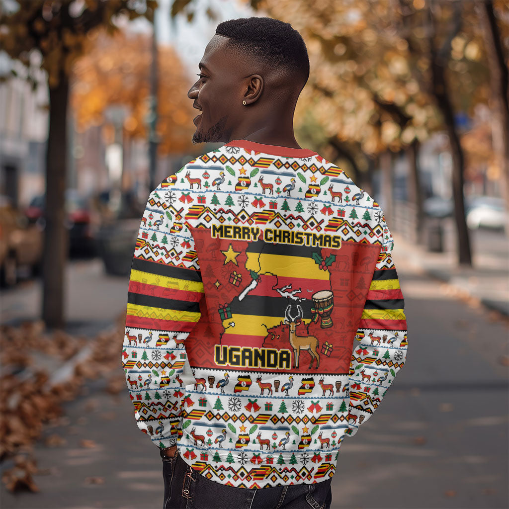 Uganda Christmas Crested Crane Sweatshirt Ugandan Kob - Map Flag - Ssekukkulu Ennungi - Ugly Pixel Art