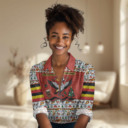 Uganda Christmas Crested Crane Women Casual Shirt Ugandan Kob - Map Flag - Ssekukkulu Ennungi - Ugly Pixel Art