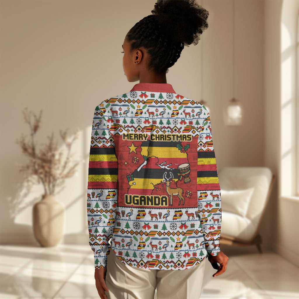 Uganda Christmas Crested Crane Women Casual Shirt Ugandan Kob - Map Flag - Ssekukkulu Ennungi - Ugly Pixel Art