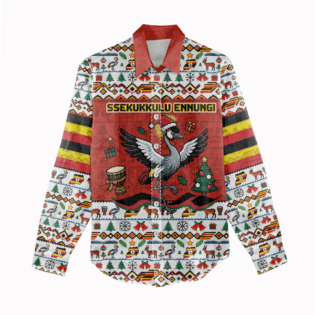 Uganda Christmas Crested Crane Women Casual Shirt Ugandan Kob - Map Flag - Ssekukkulu Ennungi - Ugly Pixel Art