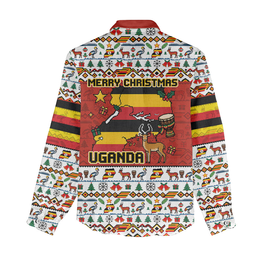 Uganda Christmas Crested Crane Women Casual Shirt Ugandan Kob - Map Flag - Ssekukkulu Ennungi - Ugly Pixel Art