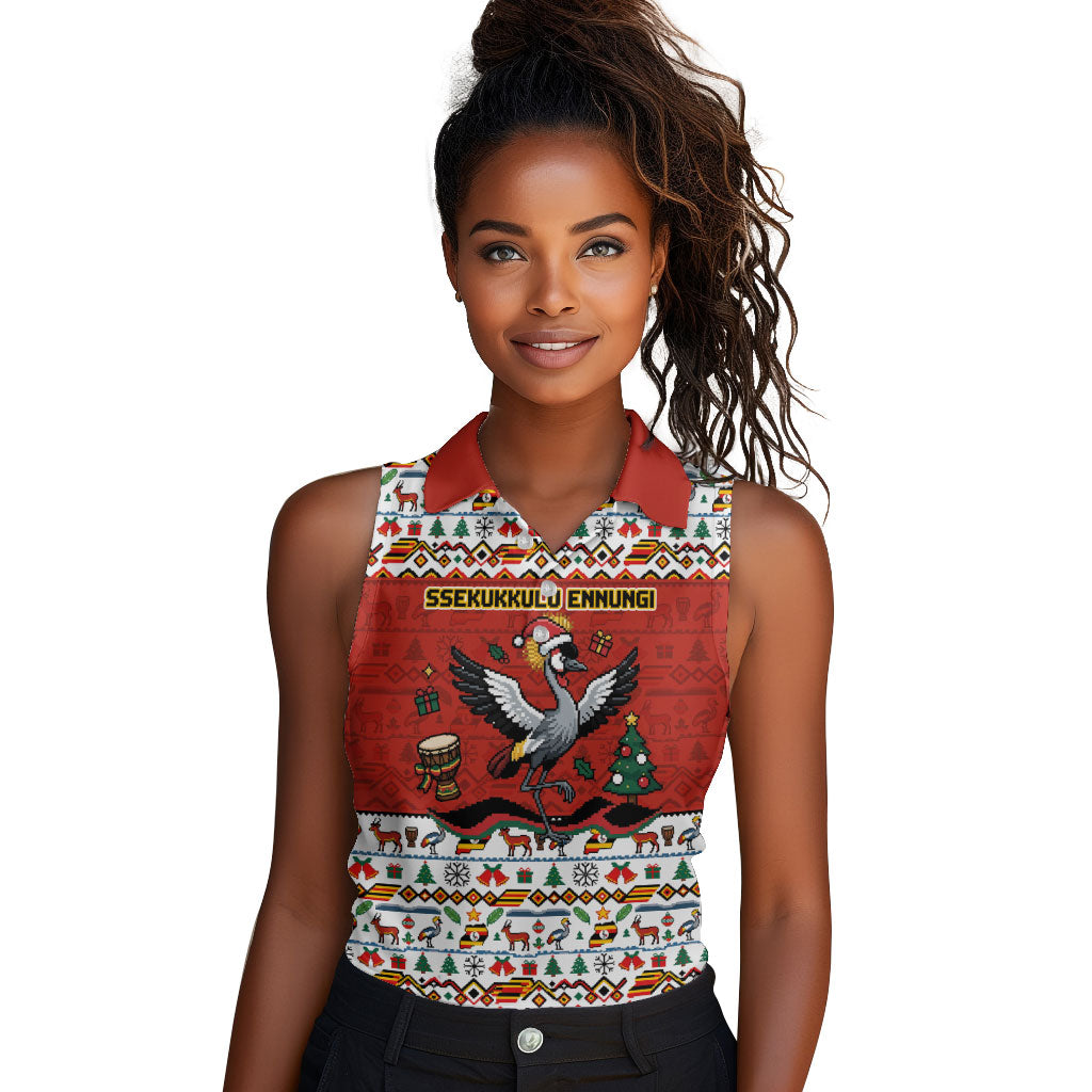 Uganda Christmas Crested Crane Women Sleeveless Polo Shirt Ugandan Kob - Map Flag - Ssekukkulu Ennungi - Ugly Pixel Art