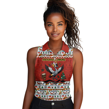 Uganda Christmas Crested Crane Women Sleeveless Polo Shirt Ugandan Kob - Map Flag - Ssekukkulu Ennungi - Ugly Pixel Art