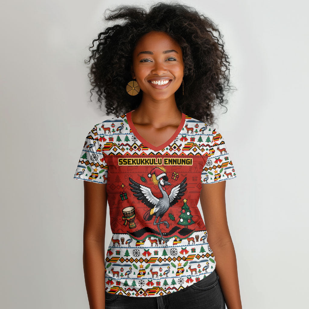 Uganda Christmas Crested Crane Women V-Neck T-Shirt Ugandan Kob - Map Flag - Ssekukkulu Ennungi - Ugly Pixel Art