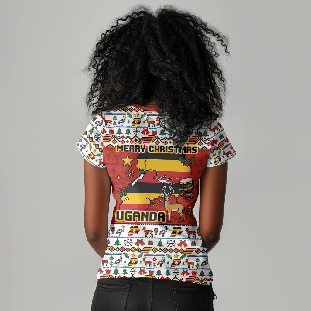 Uganda Christmas Crested Crane Women V-Neck T-Shirt Ugandan Kob - Map Flag - Ssekukkulu Ennungi - Ugly Pixel Art