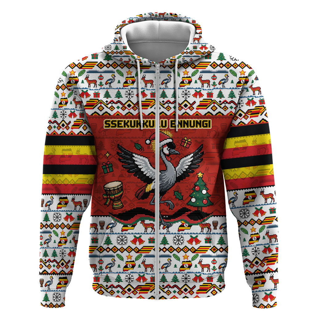 Uganda Christmas Crested Crane Zip Hoodie Ugandan Kob - Map Flag - Ssekukkulu Ennungi - Ugly Pixel Art