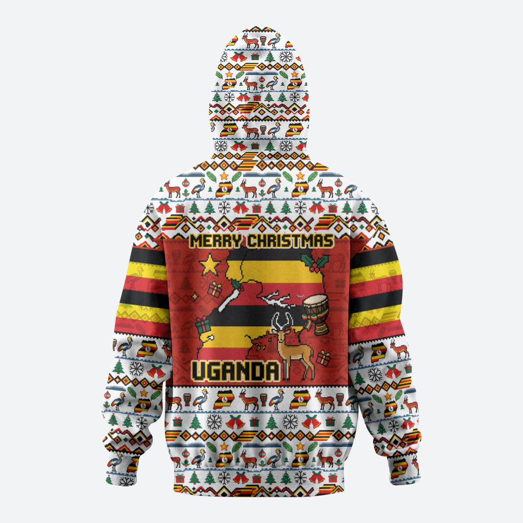 Uganda Christmas Crested Crane Zip Hoodie Ugandan Kob - Map Flag - Ssekukkulu Ennungi - Ugly Pixel Art