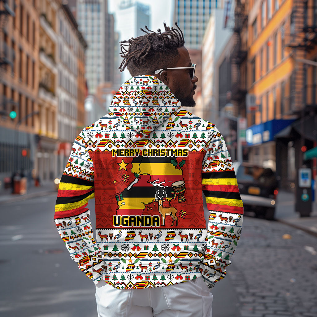 Uganda Christmas Crested Crane Zip Hoodie Ugandan Kob - Map Flag - Ssekukkulu Ennungi - Ugly Pixel Art