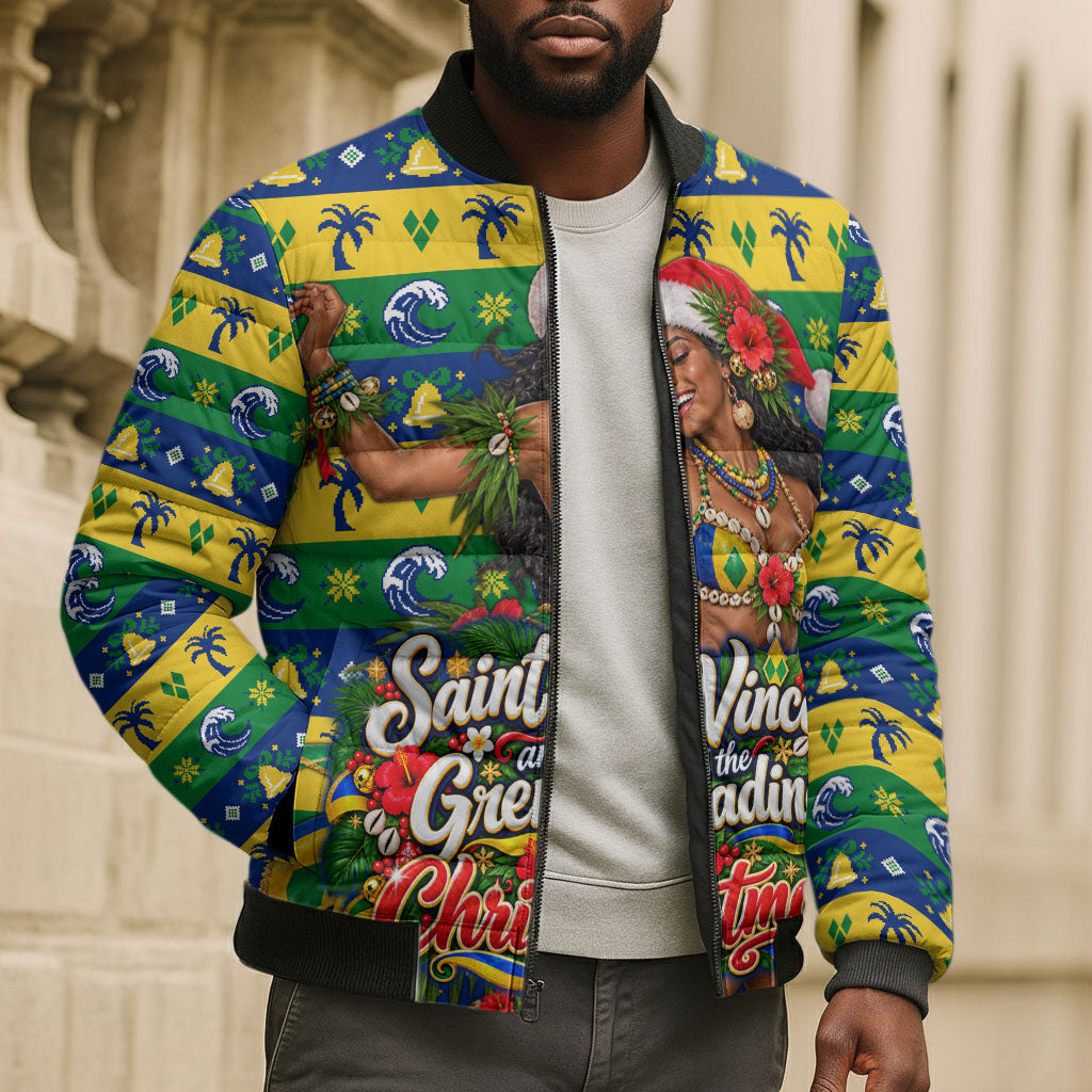 Saint Vincent And The Grenadines Christmas Bomber Puffer Jacket Caribbean Island Girl Dancer Tropical Winter