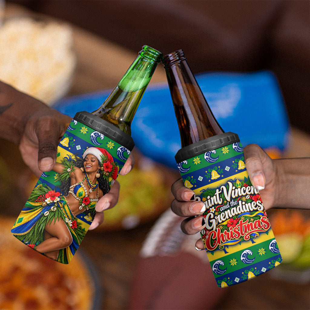 Saint Vincent And The Grenadines Christmas 4 in 1 Can Cooler Tumbler Caribbean Island Girl Dancer Tropical Winter