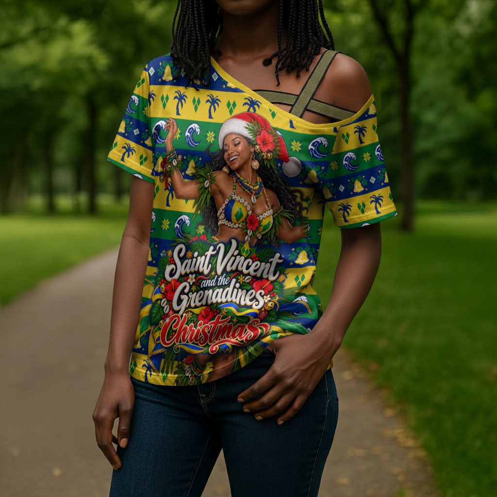 Saint Vincent And The Grenadines Christmas Cross Shoulder Shirt Caribbean Island Girl Dancer Tropical Winter