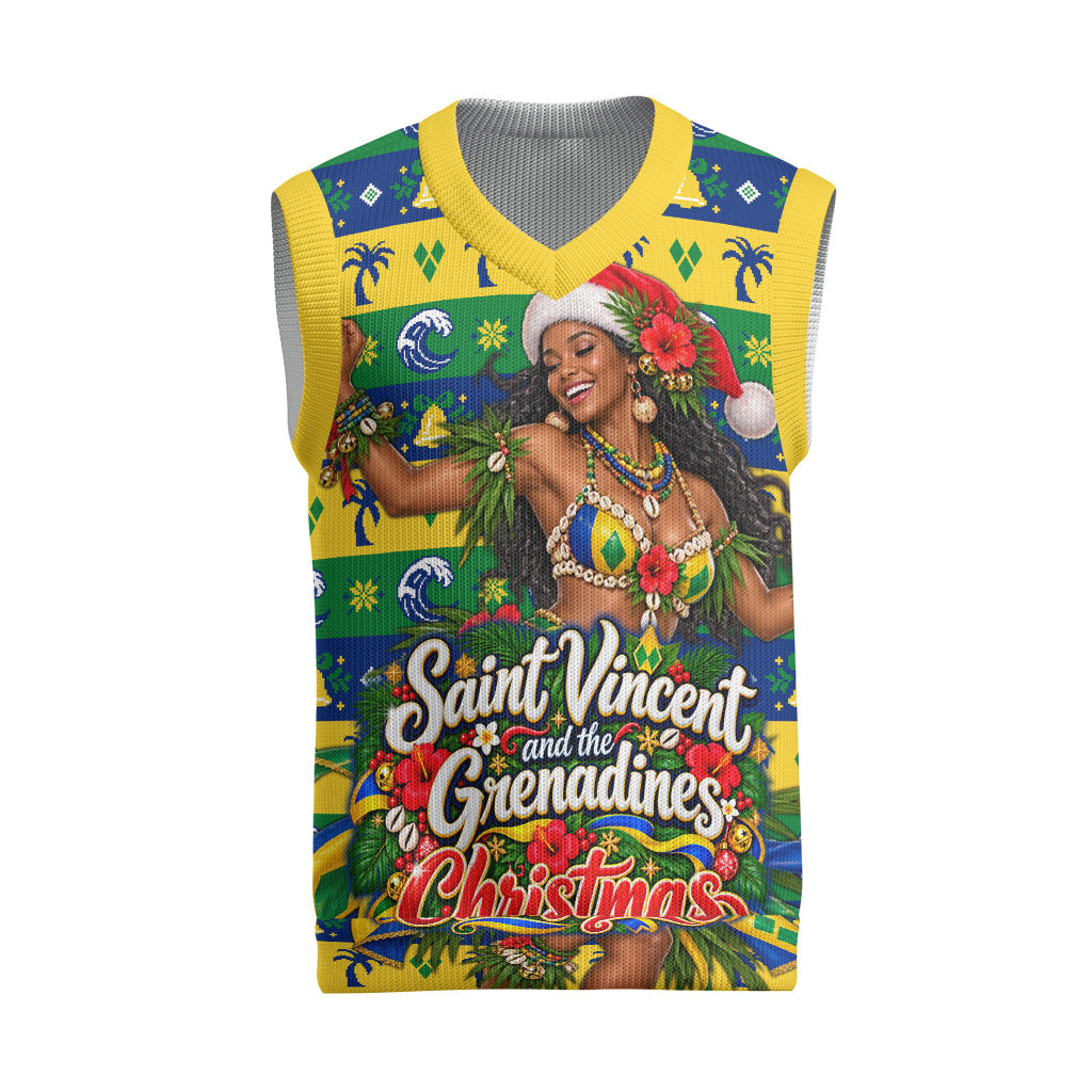 Saint Vincent And The Grenadines Christmas Knitted V-Neck Vest Caribbean Island Girl Dancer Tropical Winter