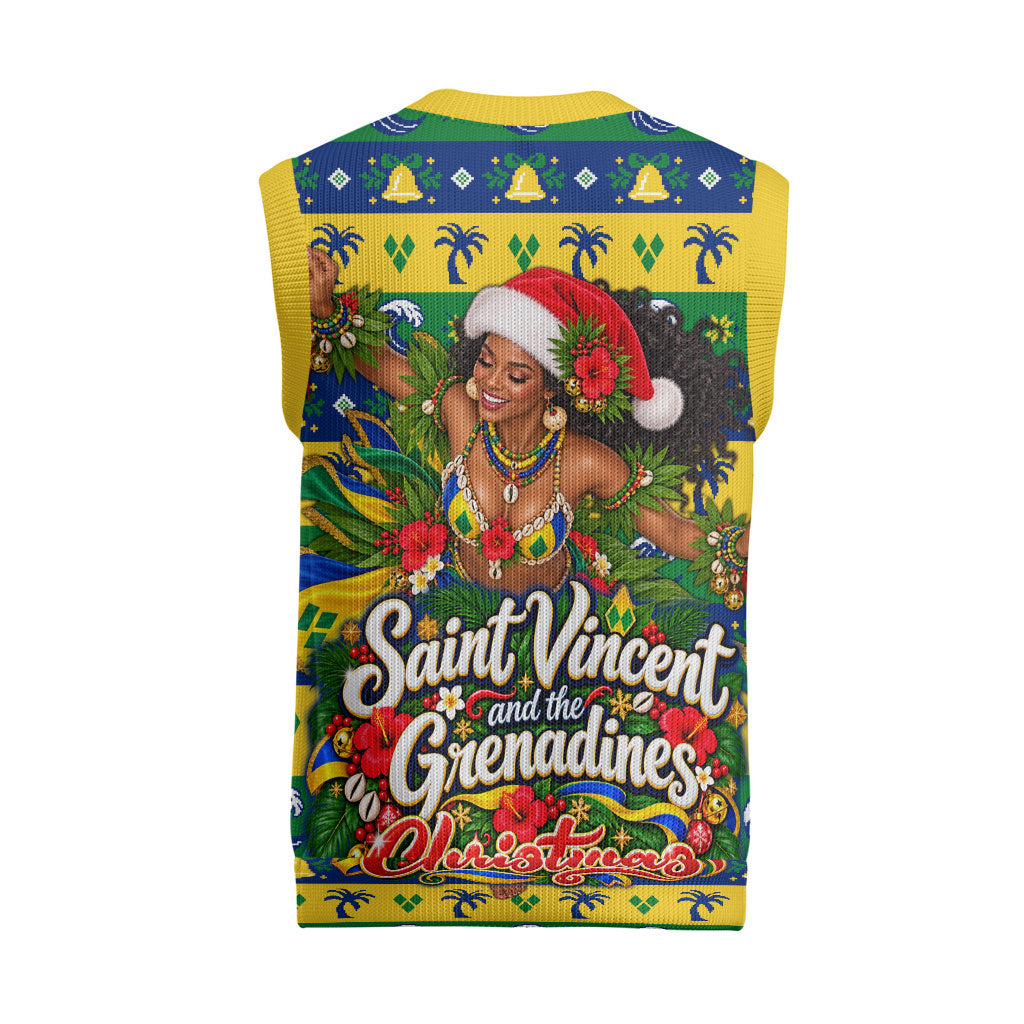 Saint Vincent And The Grenadines Christmas Knitted V-Neck Vest Caribbean Island Girl Dancer Tropical Winter