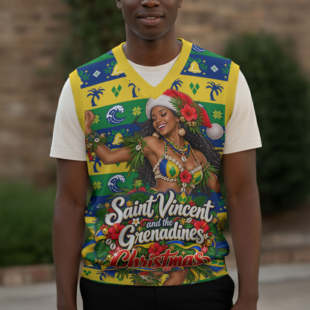 Saint Vincent And The Grenadines Christmas Knitted V-Neck Vest Caribbean Island Girl Dancer Tropical Winter