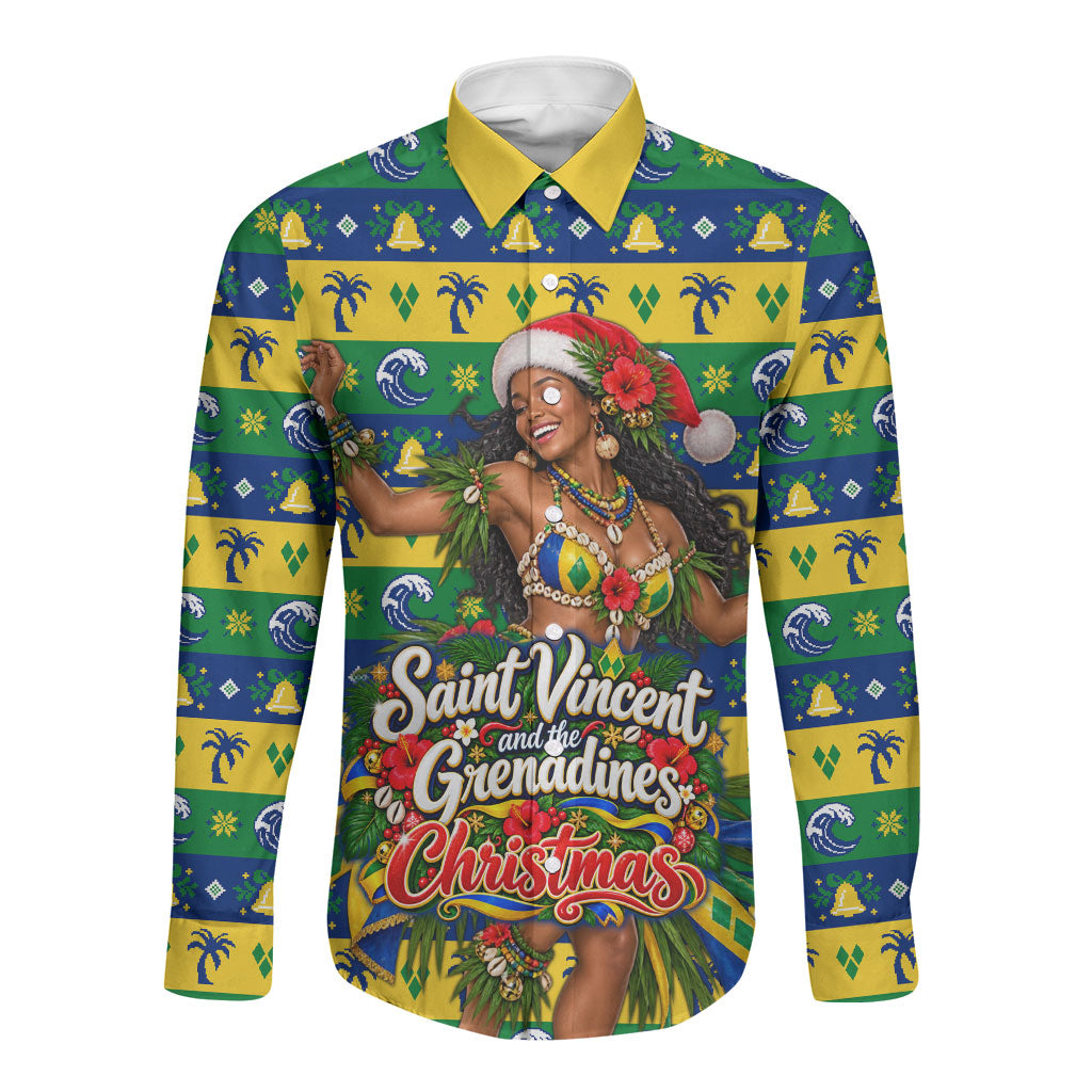 Saint Vincent And The Grenadines Christmas Long Sleeve Button Shirt Caribbean Island Girl Dancer Tropical Winter