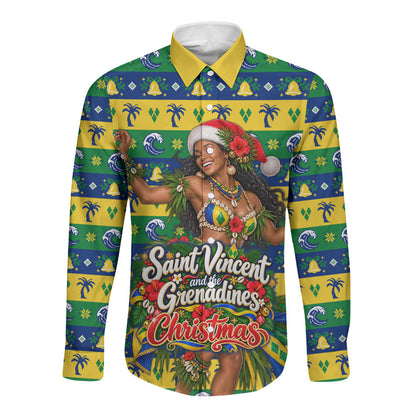 Saint Vincent And The Grenadines Christmas Long Sleeve Button Shirt Caribbean Island Girl Dancer Tropical Winter