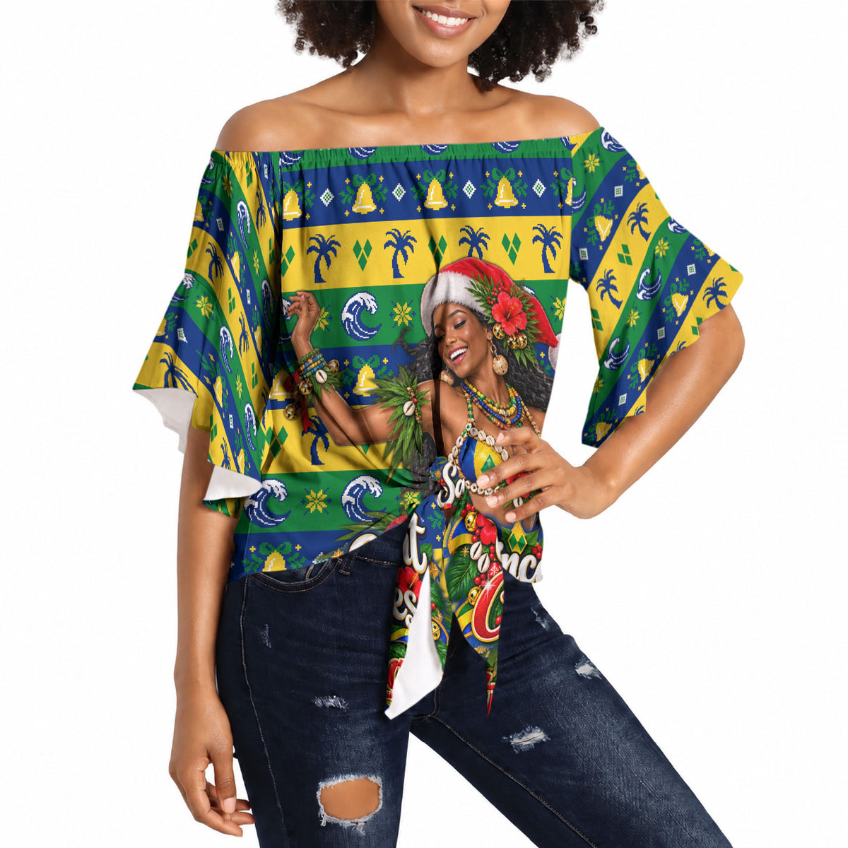 Saint Vincent And The Grenadines Christmas Off Shoulder Wrap Waist Top Caribbean Island Girl Dancer Tropical Winter