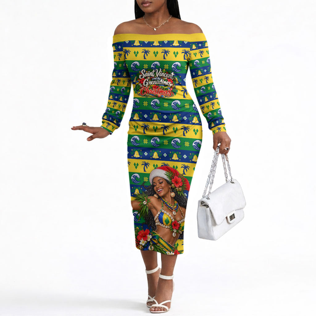 Saint Vincent And The Grenadines Christmas Off The Shoulder Long Sleeve Dress Caribbean Island Girl Dancer Tropical Winter