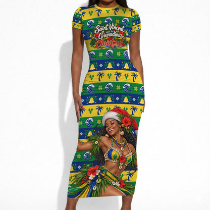 Saint Vincent And The Grenadines Christmas Short Sleeve Bodycon Dress Caribbean Island Girl Dancer Tropical Winter