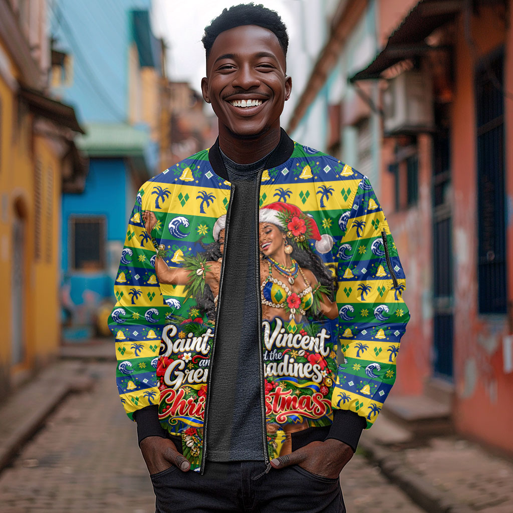 Saint Vincent And The Grenadines Christmas Sleeve Zip Bomber Jacket Caribbean Island Girl Dancer Tropical Winter