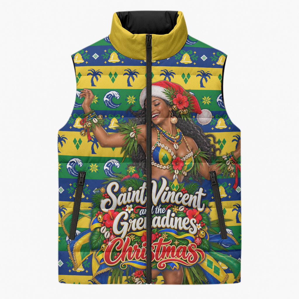 Saint Vincent And The Grenadines Christmas Sleeveless Puffer Jacket Caribbean Island Girl Dancer Tropical Winter