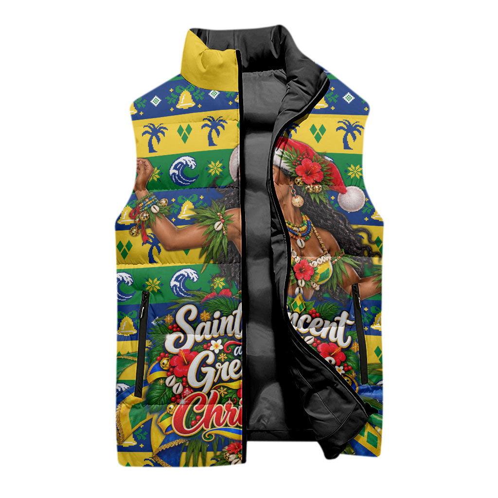 Saint Vincent And The Grenadines Christmas Sleeveless Puffer Jacket Caribbean Island Girl Dancer Tropical Winter