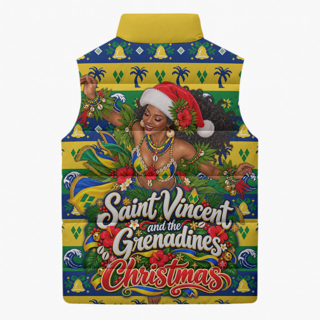 Saint Vincent And The Grenadines Christmas Sleeveless Puffer Jacket Caribbean Island Girl Dancer Tropical Winter