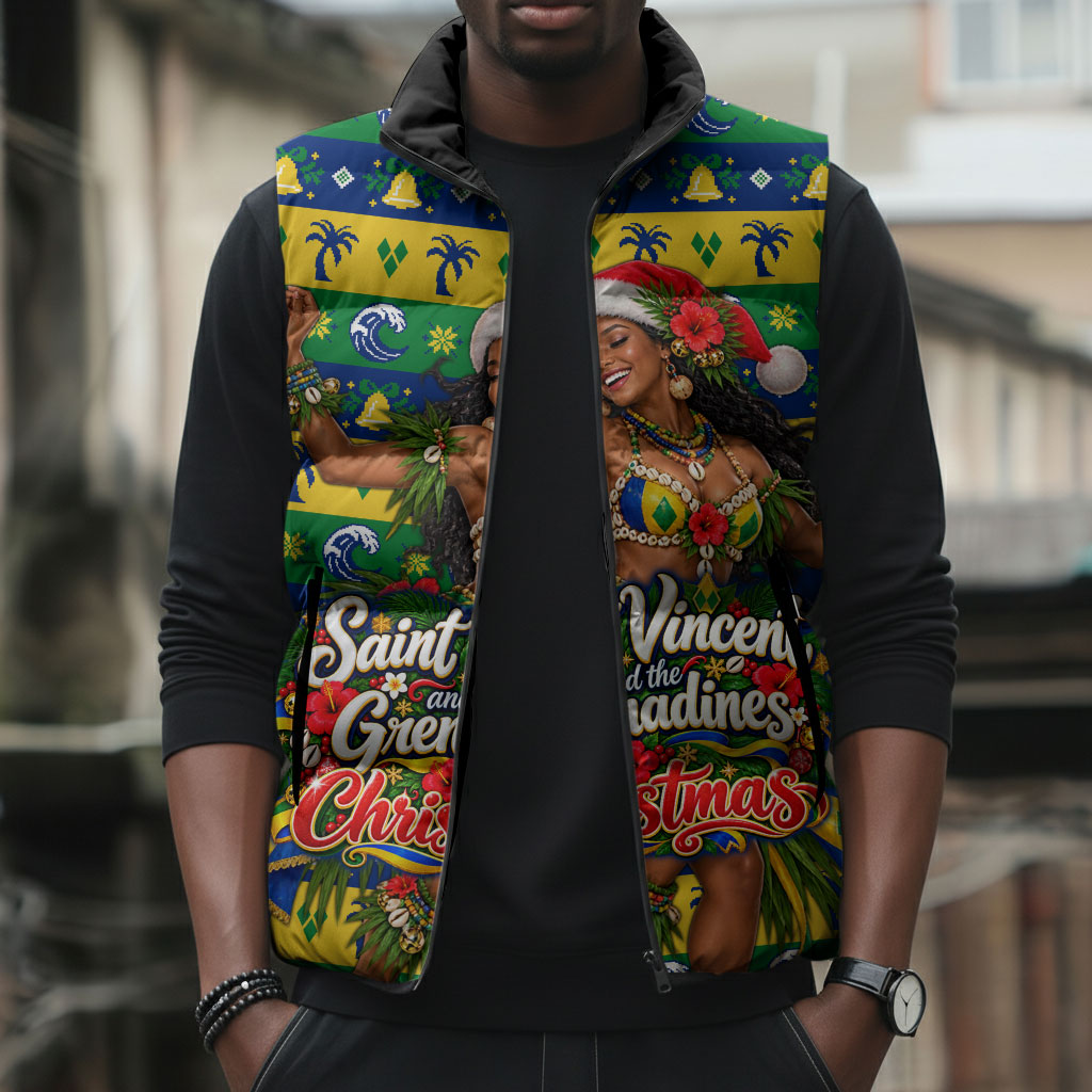 Saint Vincent And The Grenadines Christmas Sleeveless Puffer Jacket Caribbean Island Girl Dancer Tropical Winter