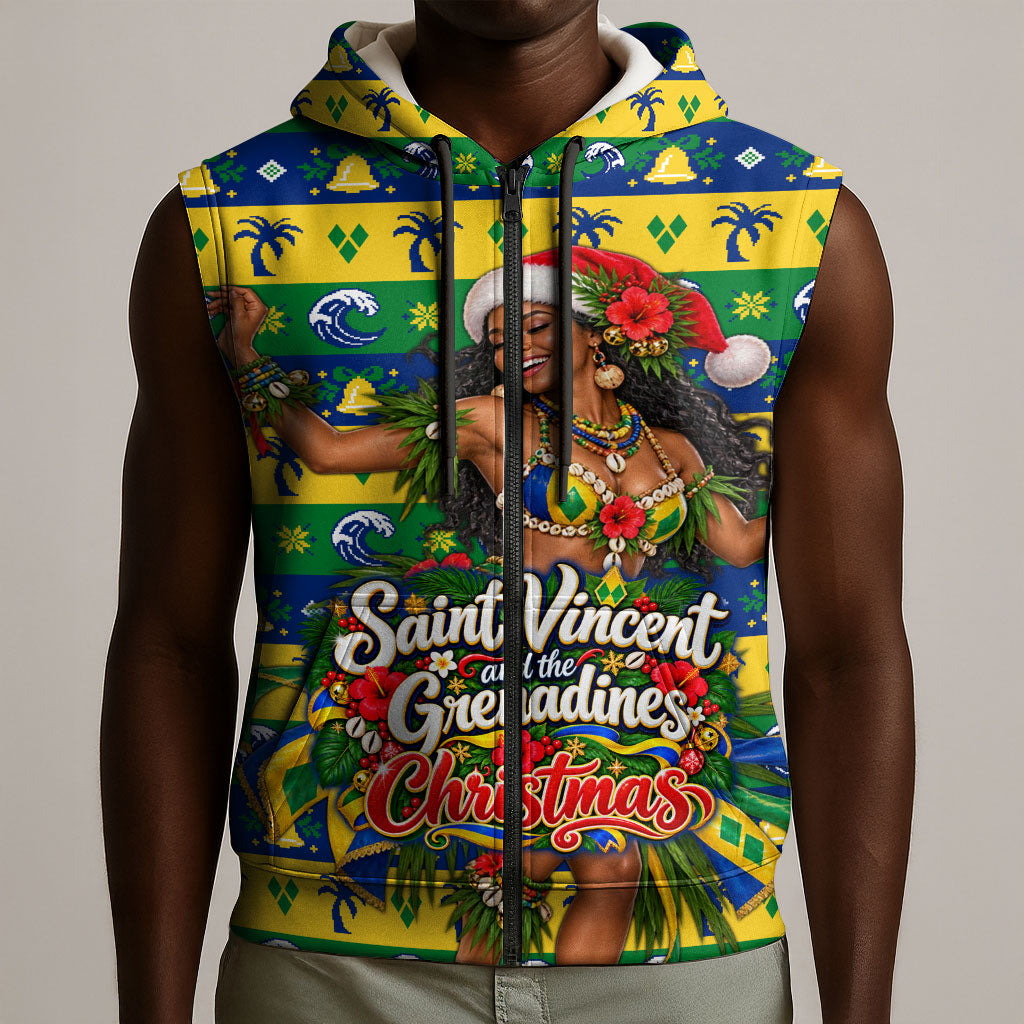 Saint Vincent And The Grenadines Christmas Sleeveless Zip Hoodie Caribbean Island Girl Dancer Tropical Winter