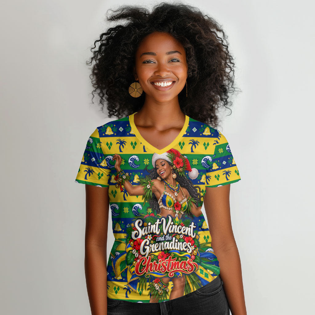 Saint Vincent And The Grenadines Christmas Women V-Neck T-Shirt Caribbean Island Girl Dancer Tropical Winter