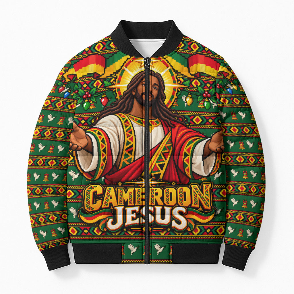 Cameroon Jesus Christmas Bomber Puffer Jacket African Culture Ugly Knit Pattern