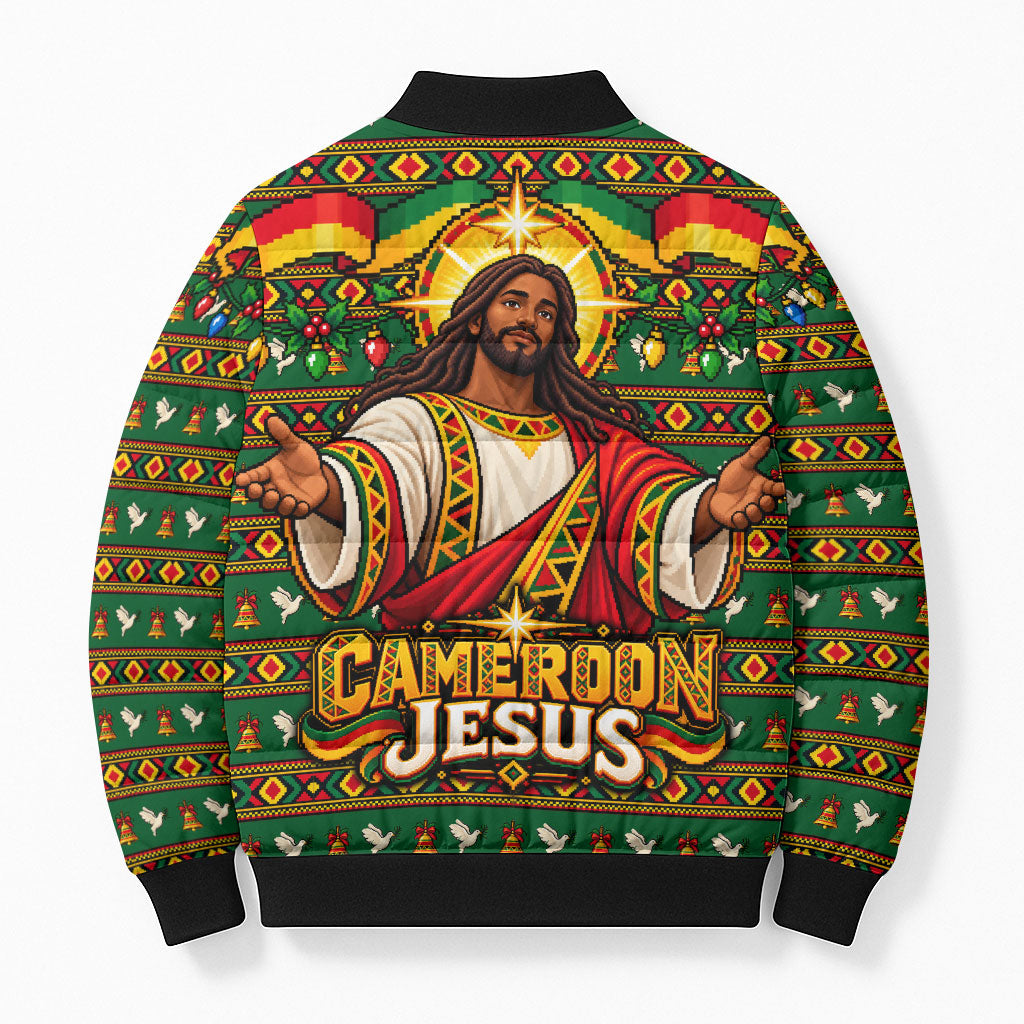Cameroon Jesus Christmas Bomber Puffer Jacket African Culture Ugly Knit Pattern