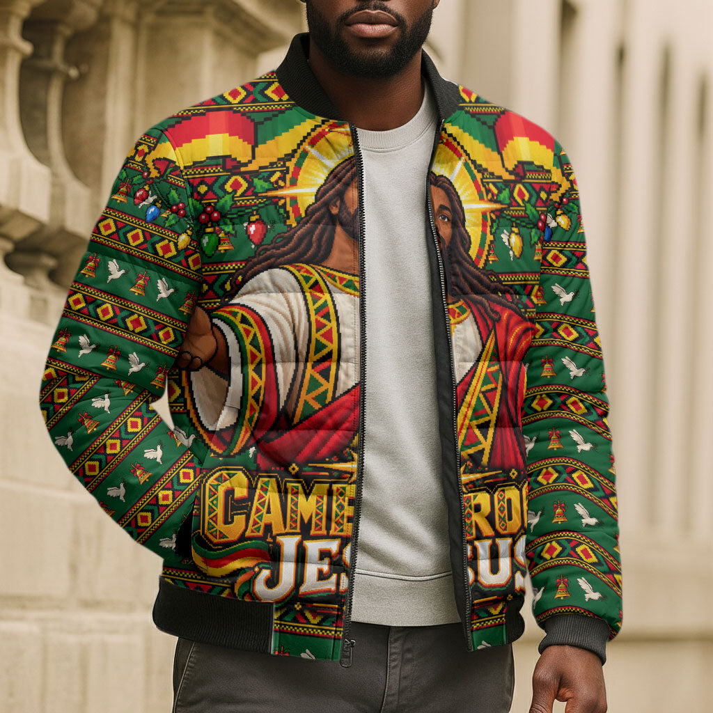 Cameroon Jesus Christmas Bomber Puffer Jacket African Culture Ugly Knit Pattern
