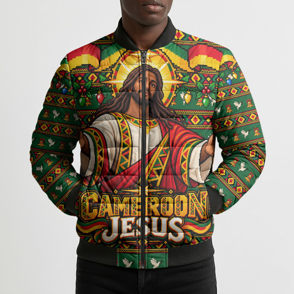 Cameroon Jesus Christmas Bomber Puffer Jacket African Culture Ugly Knit Pattern